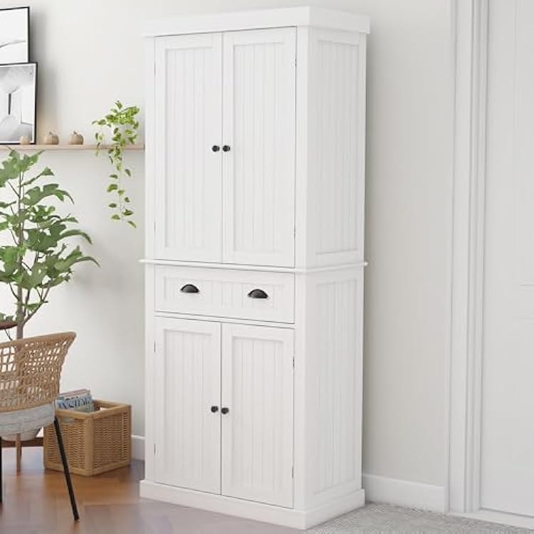 RASOO 72 Pantry Cabinets Freestanding Food Kitchen Pantry Storage Cabinet Cupboard with Drawer and Adjustable Shelves,White Vertical bar Drawing Slot White
