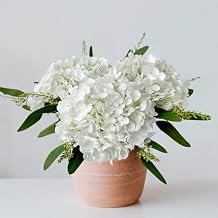 YalzoneMet 3 pcs Real Touch White Hydrangeas Artificial Flowers 8 Pcs Faux Eucalyptus Leaves
