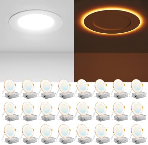 Amico 24 Pack 4 Inch 5CCT LED Recessed Ceiling Light with Night Light, 2700K3000K3500K4000K5000K Selectable Ultra-Thin Recessed Lighting, 10W=90W, 700LM, Dimmable Canless Wafer Downlight ETL&FCC