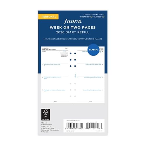 Filofax Calendar Diary Refill, PersonalCompact Size, Week-to-View, White Paper, Unruled, Multilingual: Five Languages, 2026 C68427-26