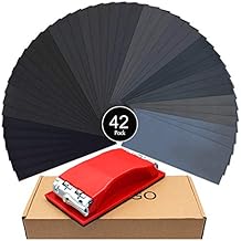 Wellgo Sanding Block with 42 pcs Sandpapers Wet Dry 120 to 3000 Assorted Grits Sandpapers, 9x3.6 Inch Sanding Sheets for Wood Furniture Finishing, Metal Sanding,Car Sanding,Glasses Sanding