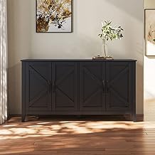 Wood Buffet Sideboard Server Storage Cabinet Console Table with 4 Doors Storage and Adjustable Shelves, 59'' Farmhouse Distressed Decorative Cabinet Cupboard for Entryway Kitchen Dining Room