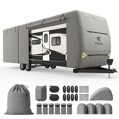 K-Musculo RV Cover, 30-33 FT Heavy Duty Travel Trailer Cover with 8 Layers Corner, Windproof and Waterproof Camper Cover with 4 Tire Cover & Tongue Jack Cover