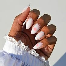 Valentines Day Glamnetic Press On Nails - Fleur Amour | Short Almond Fake Nails in White Base with Delicate Pink Floral Accents in a Glossy Finish | 15 Sizes - 30 Nail Kit with Glue