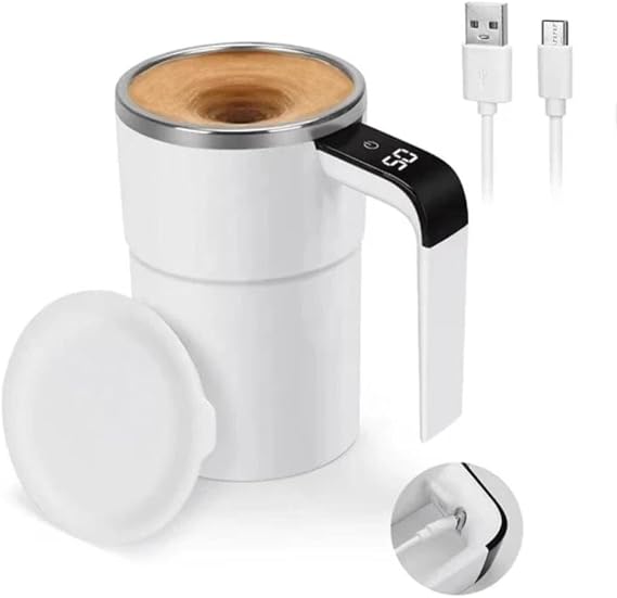Automatic Magnetic Stirring Coffee Mug, Self Stirring Coffee Mug, Rechargeable Magnetic Stirring Cup, Electric Mixing Mug, Stainless Steel Self Stirring Cup with Lid for Coffee Milk Cocoa (White).