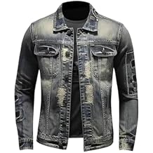 Denim Jacket For Men Slims Retro Motorcycle Jacket Tear Details Cardigan