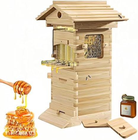 Beehive Starter Kit with Observation Window & Honey Spout, Complete Bee Box for Beekeeping, Includes Carpenter Bee House for Garden Pollinators
