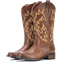 IUV Cowboy Boots For Women Square Toe Black Wide Cowgirl Mid Calf Western Pull On Fashion Brown Cowboy Boots