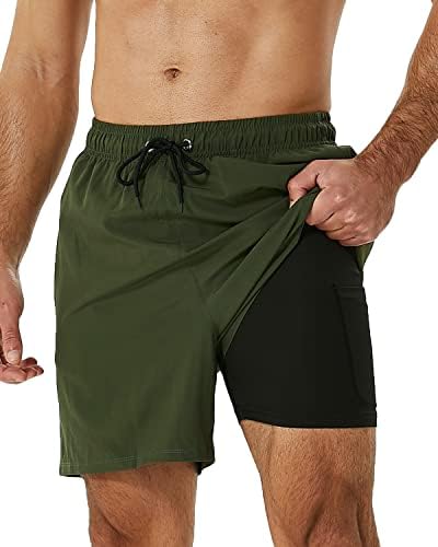 SILKWORLD Mens Swimming Trunks with Compression Liner 2 in 1 Quick-Dry Swim Shorts with Zipper Pockets