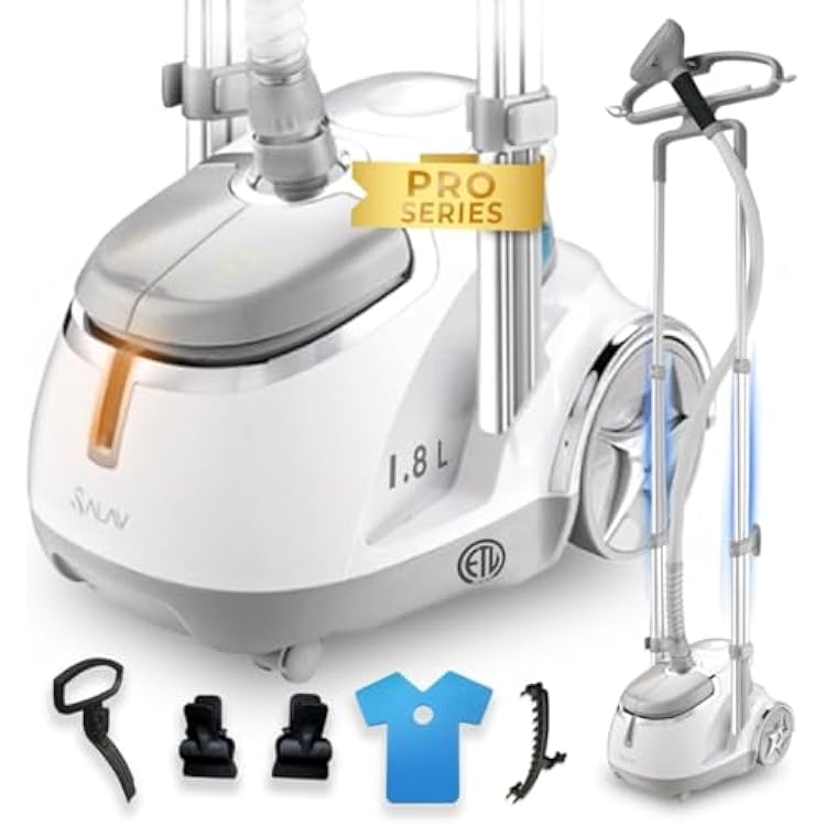 SALAV GS45-DJ Professional Upright Garment Steamer with Roll Wheels, Multi-Function Extra Wide Hanger, Fabric Brush & Mini Ironing Paddle, 1500 watts, Silver