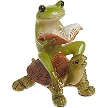 Top Collection Miniature Fairy Garden & Terrarium Frog Reading Book on Turtle Statue, Small, Green, Orange