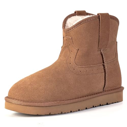 OOW 100% Genuine Leather Ankle Boots for Women, Warm Slip on Winter Boots Snow Booties
