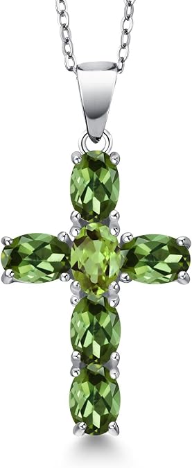 Gem Stone King 925 Sterling Silver Green Tourmaline and Green Peridot Cross Pendant Necklace for Women | 3.00 Cttw | Gemstone October Birthstone | Oval 6X4MM | With 18 Inch Chain