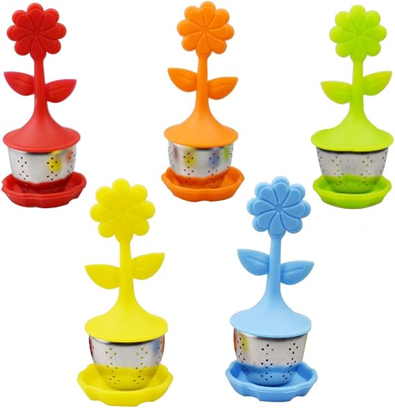 Silicone Handle Stainless Steel Strainer Filter Loose Tea Steeper Set of 5 Tea Infuser with Drip Tray Included Strainers for All Types of Loose Leaf Tea, Tea Cups, Mugs, and Teapots