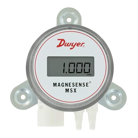 Dwyer MSX Magnesense Differential Pressure Transmitter, MSX-W-10-IN-LCD, Wall Mount, Universal Current/Voltage Outputs, Uni-Directional, Range 0.1, 0.15, 0.25, 0.5" wc, LCD Display