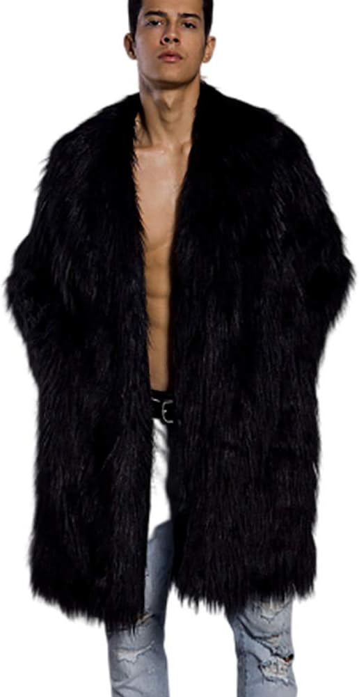 Faux Fur Long Jacket Men's, Winter Warm Thickening Oversized Luxury Outer Overcoat, Black, S