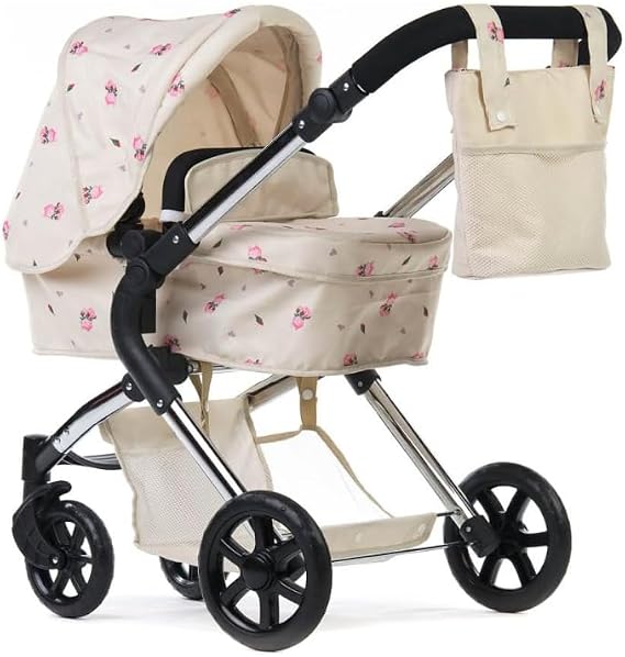 Roma Darcie Dolls Pram -Cream 2in1 with Carrycot and Doll Pushchair Seat Unit, Adjustable Handle Height, Includes Changing Bag, Shopping Basket, Foldable, Pretty Flower Design, Suitable from 3-9 Years