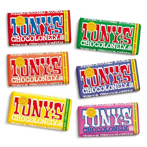 Tonys Chocolonely Super Duper Milk Chocolate Candy Bar Bundle, Milk & White Chocolate With Sea Salt, Caramel, Pretzel Toffee, Almond, Hazelnut, Made From Quality Fairtrade Cocoa, 6 Bars, 6.35 Oz Each