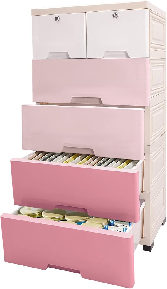 6 Drawers Bedroom Dresser, Dresser Storage Cabinet Tower Organizer, Plastic Drawers Dresser Large Capacity Storage Cabinet Loading 44.09-66.13 lbs for Bedroom, Hallway, Entryway(Pink)