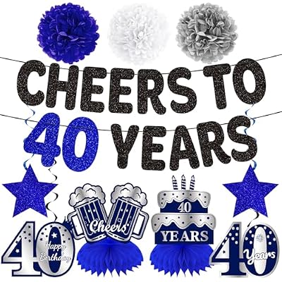 Kuxriox 11Pcs 40th Birthday Decorations for Men, Blue Sliver Happy 40th Birthday Banner, Cheers to 40 years Paper Poms Centerpieces Swirls Party Supplies, Forty Bday Banner Ceiling Table Topper Sign