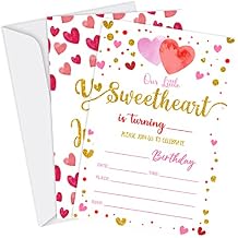 Little Sweetheart Birthday Party Invitations, Pink Gold Hearts Valentine's Birthday Invitations, Sweetheart Party Supplies for Girls Boys, Birthday Party Decorations, 20 Cards with Envelopes - I15