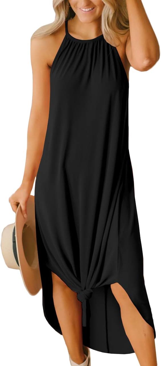 For G and PL Womens Summer Casual Halter Side Slit Long Maxi Beach Dress Vacation Resort Sundress