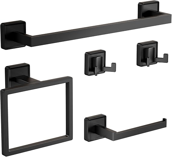 Towel bar Set, 5-Piece Bathroom Hardware Set, 5-Piece Bathroom Accessories Set, Stainless Steel Towel bar Set, 16-inch Towel Rack Set, Matte Black, Wall-Mounted Bathroom Towel Rack