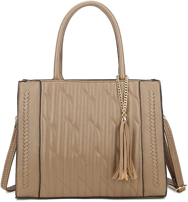 Women Handbag Embroidery Leather Purse With Tassel Solid Colored Work Tote Bag Top Handle Bag with Long Shoulder Strap