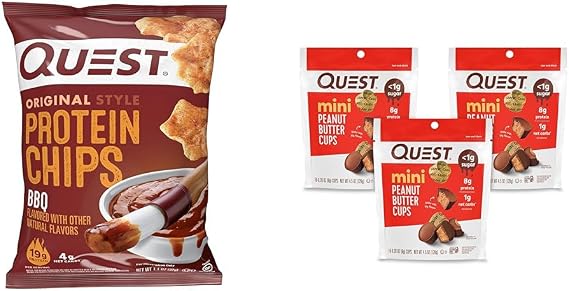 Quest Protein Chips & Mini Peanut Butter Cups High Protein Snack Bundle (Pack of 3)