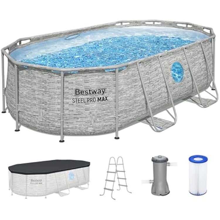 Bestway Power Steel Swim Vista 14 x 82 x 39.5 Above Ground Pool, Oval Metal Frame Outdoor Swimming Pool Set with Filter Pump, Ladder, and Cover
