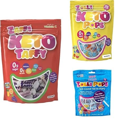 Zollipops Clean Teeth Candy Keto Lunch Bundle | 5 Oz Keto Taffy, 4 Oz Keto Pops, 3.1 Oz Assorted Fruit Lollipops
