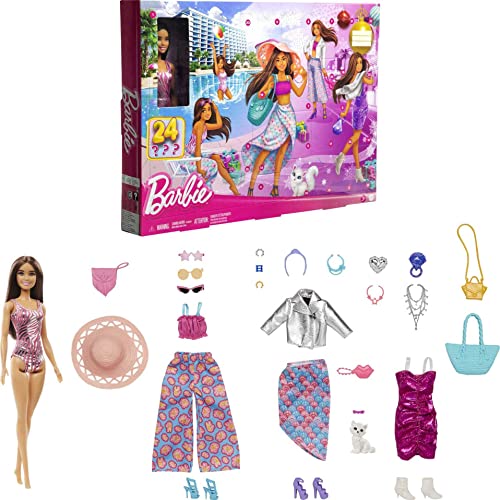 Barbie Doll & Fashion Advent Calendar, 24 Clothing & Accessory Surprises Like Swimsuit, Dress, Hat & Pet Kitten