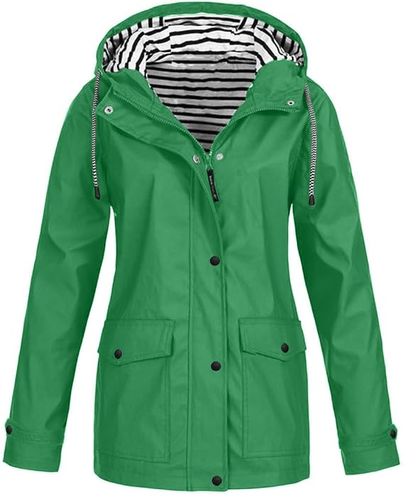 Rain Jacket Women Waterproof Trendy Hooded Striped Lined Long Sleeve Raincoats Casual Lightweight Outdoor Trench Coat