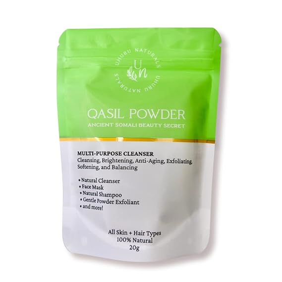 Uhuru Naturals Qasil Powder 20 Grams Ancient Somali Beauty Secret, Gentle Deep Cleansing Facial Mask Powder for Beautiful Glowing Skin. Brightens. Detoxifies.