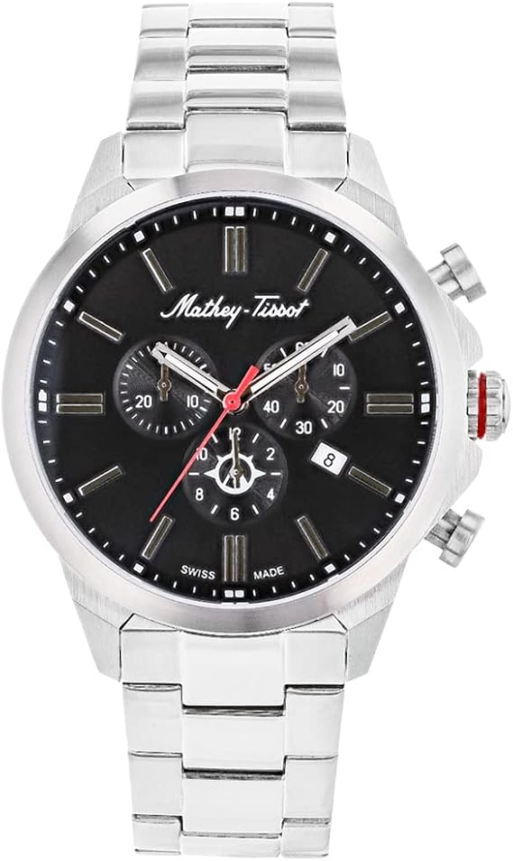 Mathey-Tissot Men's Field Scout Chronograph Swiss Quartz Watch 45mm Stainless Steel Case with Black Dial, Three Subdials and Date Display, Stainless Steel Bracelet