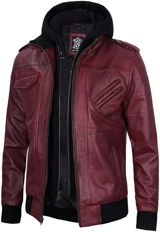 fjackets Men Hooded Leather Jacket - Real Lambskin Men's Bomber Leather Jackets with Detachable Hood Stylish Casual Outerwear