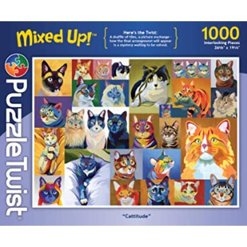 PuzzleTwist - Cattitude - 1000 Piece Jigsaw Puzzle, Mixed Up! Series, Unique Challenging Fun for Adults Family Teens, Made in USA