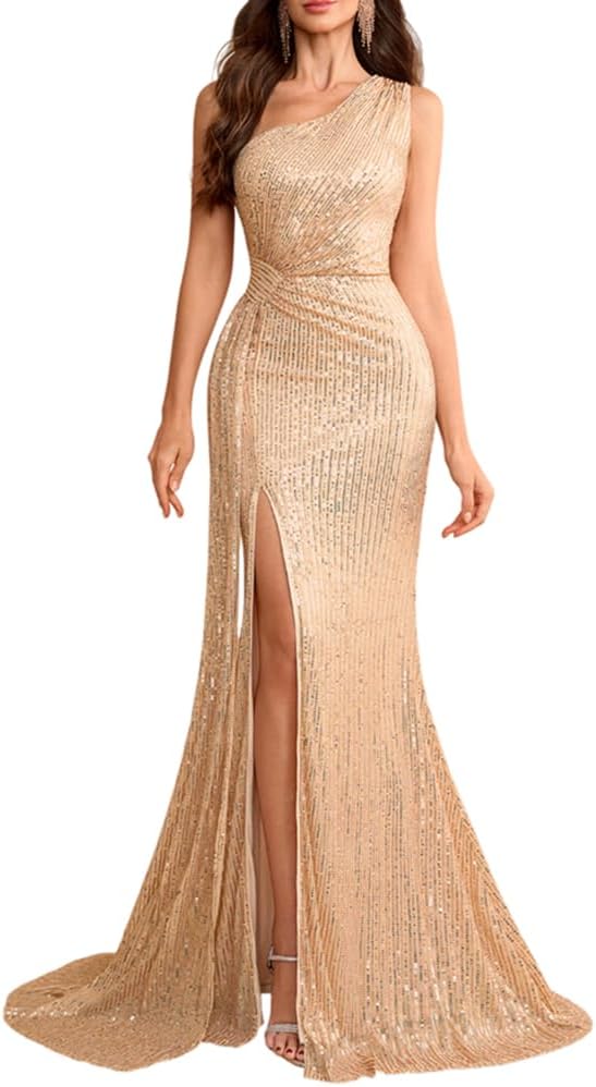 Women's One Shoulder Sequin Maxi Prom Dress Elegant Evening Gowns with Slit