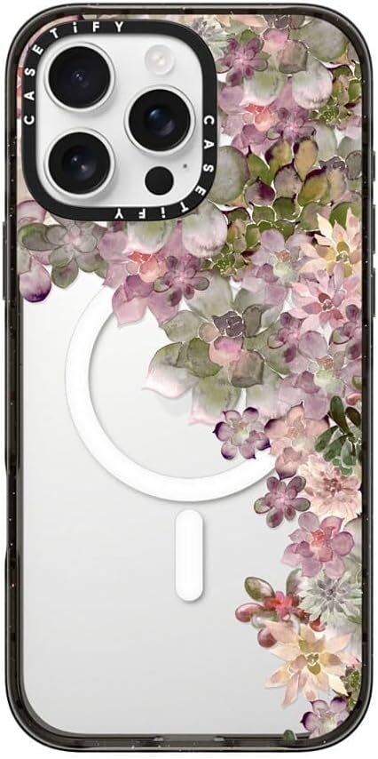 CASETiFY Impact iPhone 16 Pro Max Case [Slim / 8.2 ft. 4X Military Grade Drop Protection/Compatible with Magsafe] - MY SUCCULENT GARDEN ROSE - Clear Black