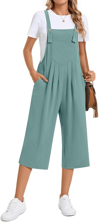 TAOHUADAO Womens Adjustable Jumpsuits Casual Wide Leg Overalls Summer Boho Sleeveless Loose Rompers with Pocket, Blue Green, Small