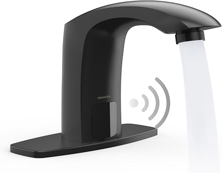 PRIMSOPH Automatic Motion Sensor Hands Free Electronic Infrared Smart Commercial Touchless Bathroom Sink Faucet with Cover Plate Temperature Mixer Battery or Plug-in Powered Matte Black