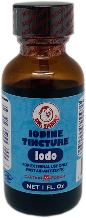 Dr Sana Iodine Tincture. First Aid Antiseptic. Prevents Infection in Minor Scrapes, Cuts, Bruises and Burns. 1 fl.oz.