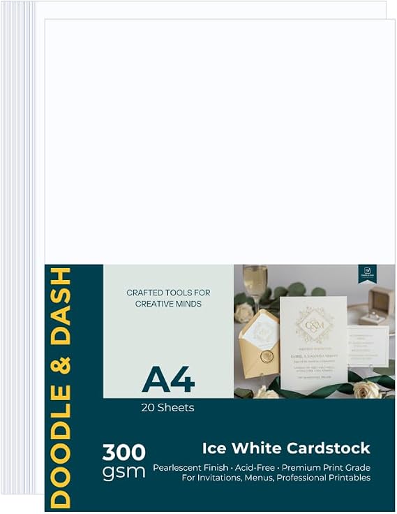 Doodle & Dash A4 300gsm Pearlescent White Card – Premium Shimmer Cardstock for Inkjet & Laser Printers – Wedding Invitations, Greeting Cards & Luxury Stationery – 20 Sheets