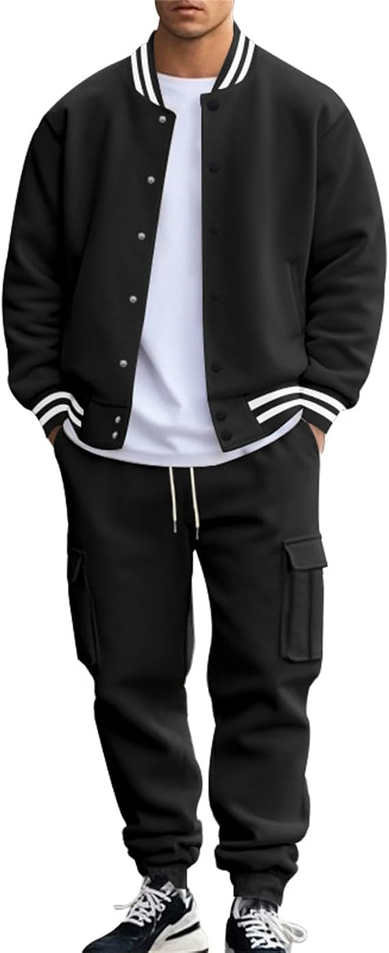 Tracksuit 2 Piece for Men Stand Collar Button Long Sleeve Baseball Jacket Cargo Pants Workout Sport Suit with Pocket