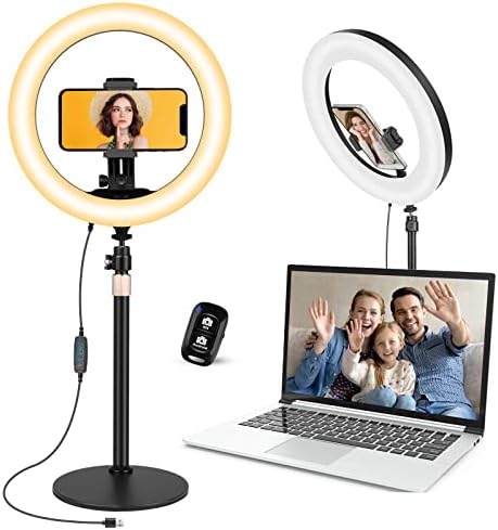 Aureday 10'' Desktop Ring Light with Stand and Phone Holder, Video Conference Lighting with Remote for Makeup/YouTube/Tiktok/Vlog, Zoom Lighting for Computer/Laptop/Live Streaming/Video Call