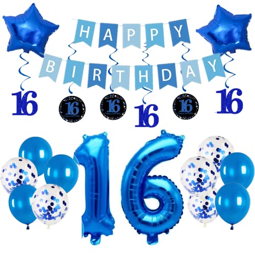 16th Birthday Party Decorations for Boys Girls Comprise Balloons with Swirl Decorations, a Happy Birthday Banner, 32in Number 16 and Star Foil Balloons Blue.