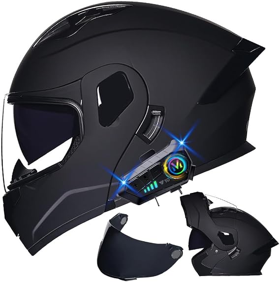 Bluetooth Modular Motorcycle Helmets, DOT Approved Flip Up Full Face Dual Visor Smart Motorcycle Helmet, Built-in Dual Speaker and Microphone, for Adults Men Women M~XXL