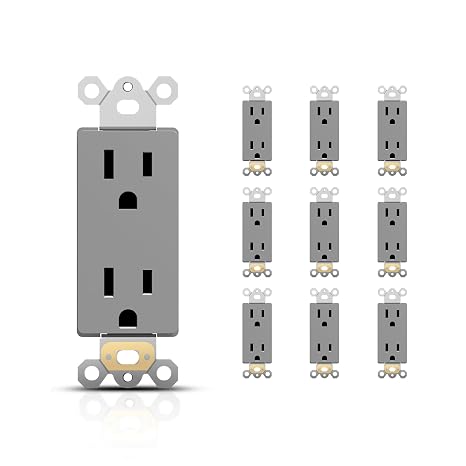 TOPELER 15 Amp Decorator Wall Receptacle Outlet, Non-Tamper Resistant Decor Standard Electrical Outlets, 15A 125V, 2 Pole 3 Wire, NEMA 5-15R, Self-Grounding Residential Grade, UL, Gray, 10 Pack