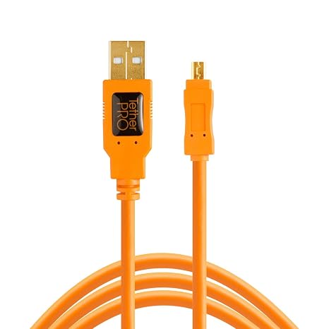 Tether Tools TetherPro USB 2.0 to Mini-B 8-Pin Cable | for Fast Transfer Between Camera and Computer | High Visibility Orange | 15 Feet (4.6 m)