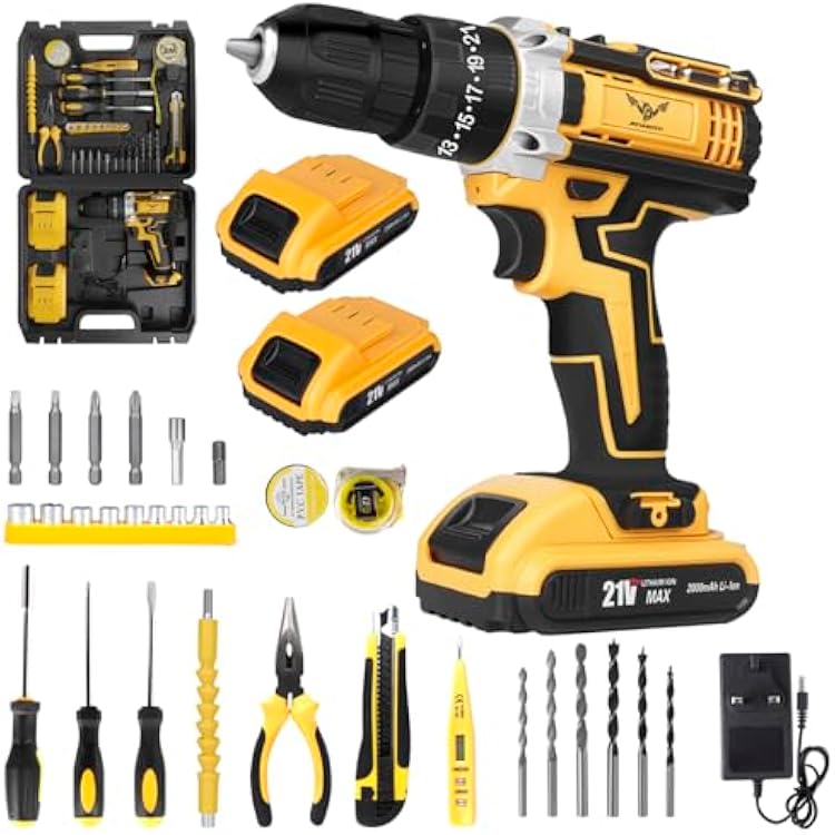 JENABOM Cordless Drill Tool Kit Set: 21V Power Drill Tool Box with Battery, 2-Speed, 42N.m Max, Electric Screwdriver Driver for Men Home Hand Repair Basic Toolbox Tools Sets Drills Case